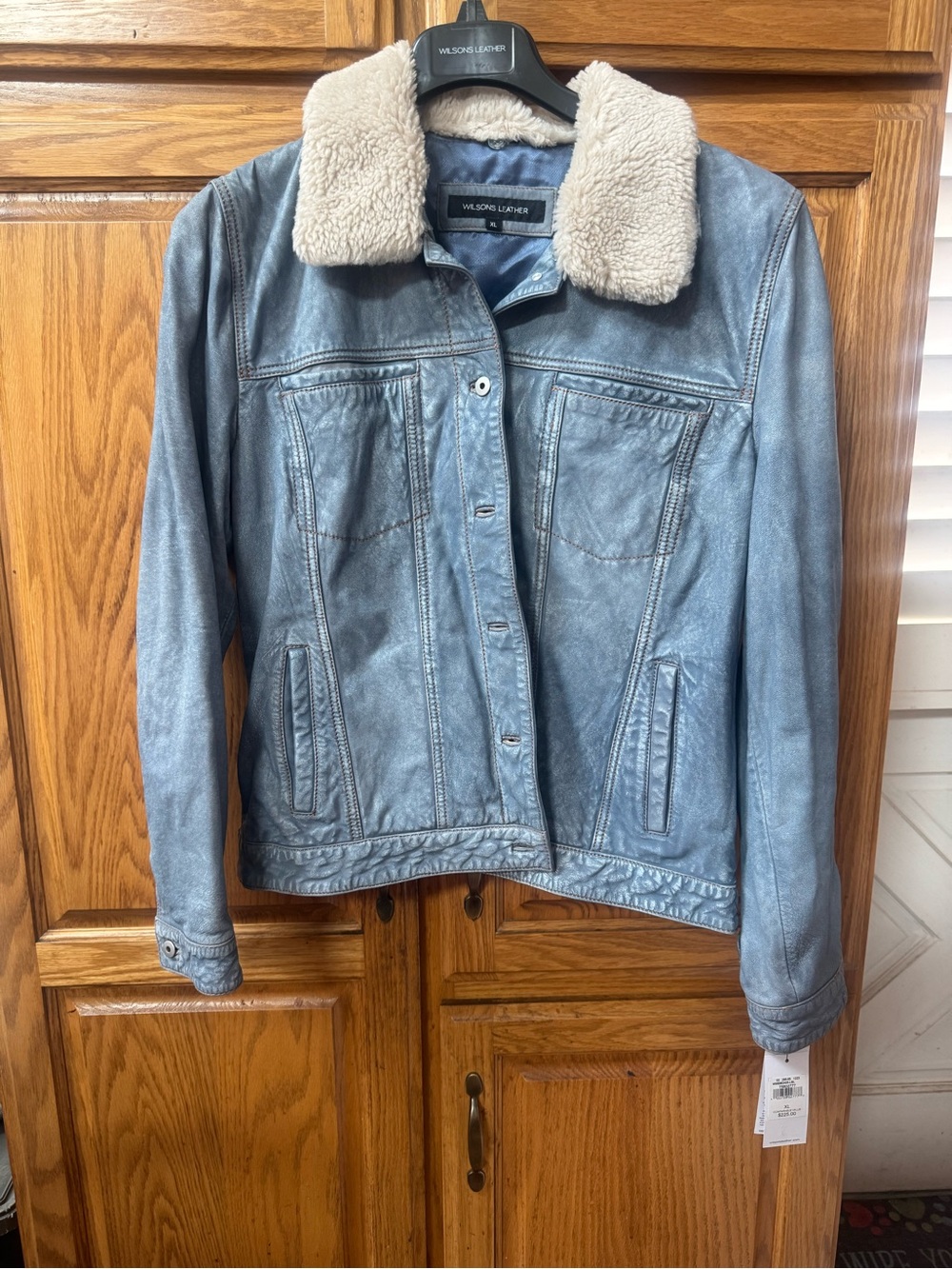 Wilsons Leather Light Blue Leather Jacket with Cream Shearling Collar
